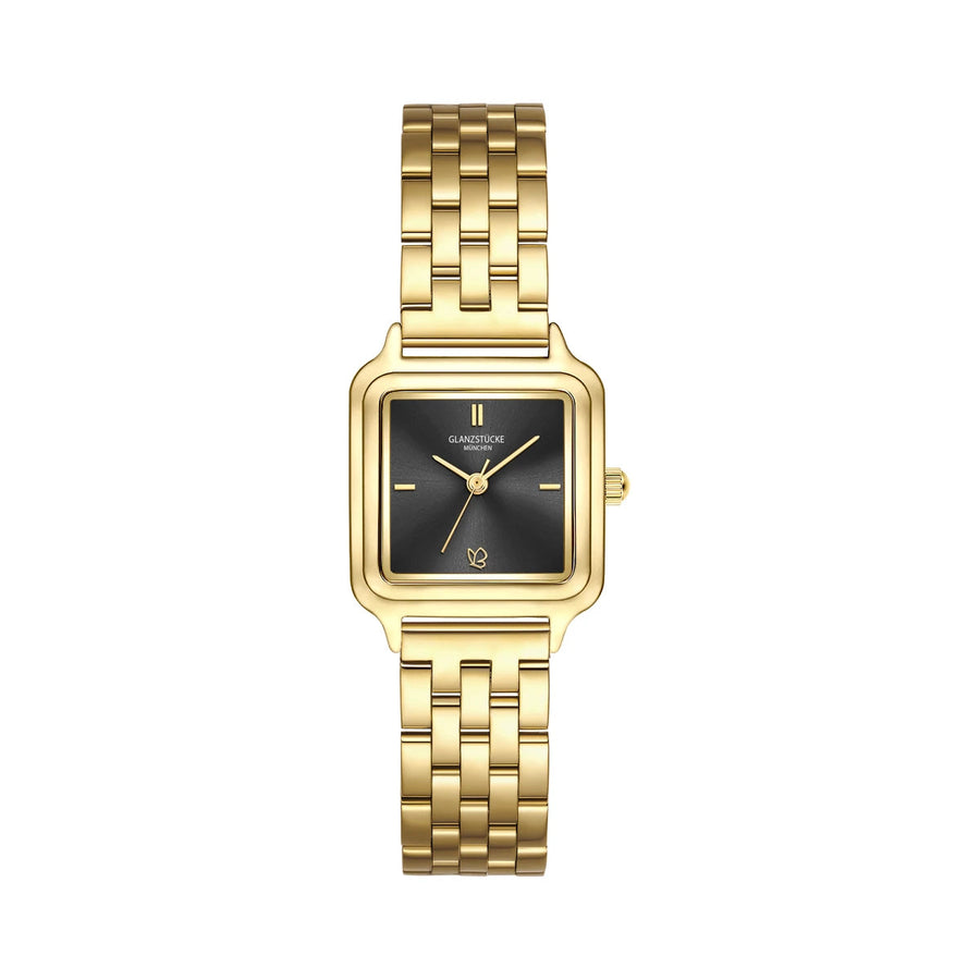 Goldfarbene Armbanduhr mit rechteckigem schwarzem Zifferblatt.
